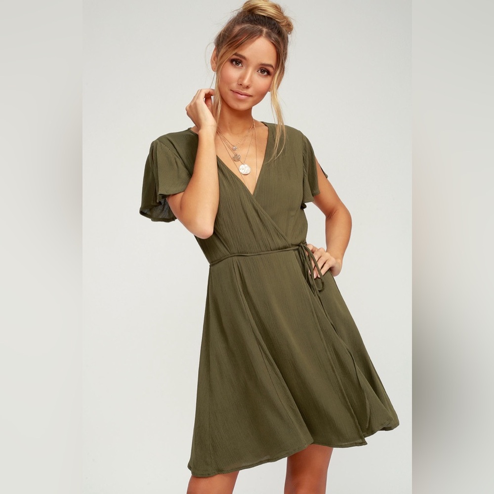 Lulus Harbor Point Olive Green Wrap Dress
